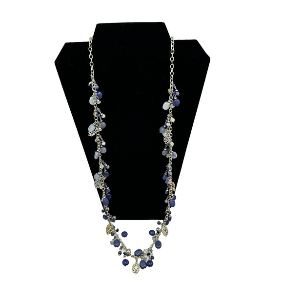 Chaps Marked Statement Necklace Silver Chain‎ with Faux Blues Stones 30" Boho - Picture 1 of 7